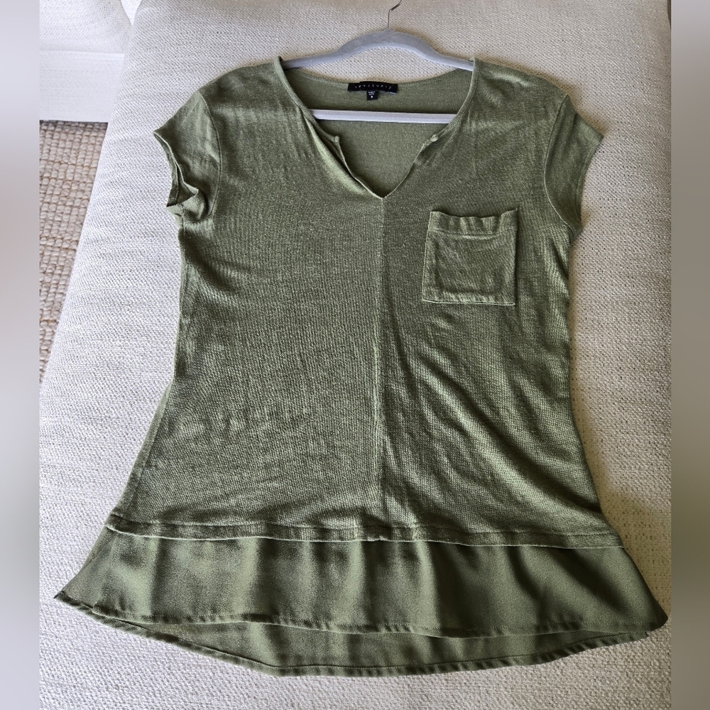 💫Sanctuary Linen Olive v neck Short Sleeve shirt Cottagecore Nature S Coastal💫